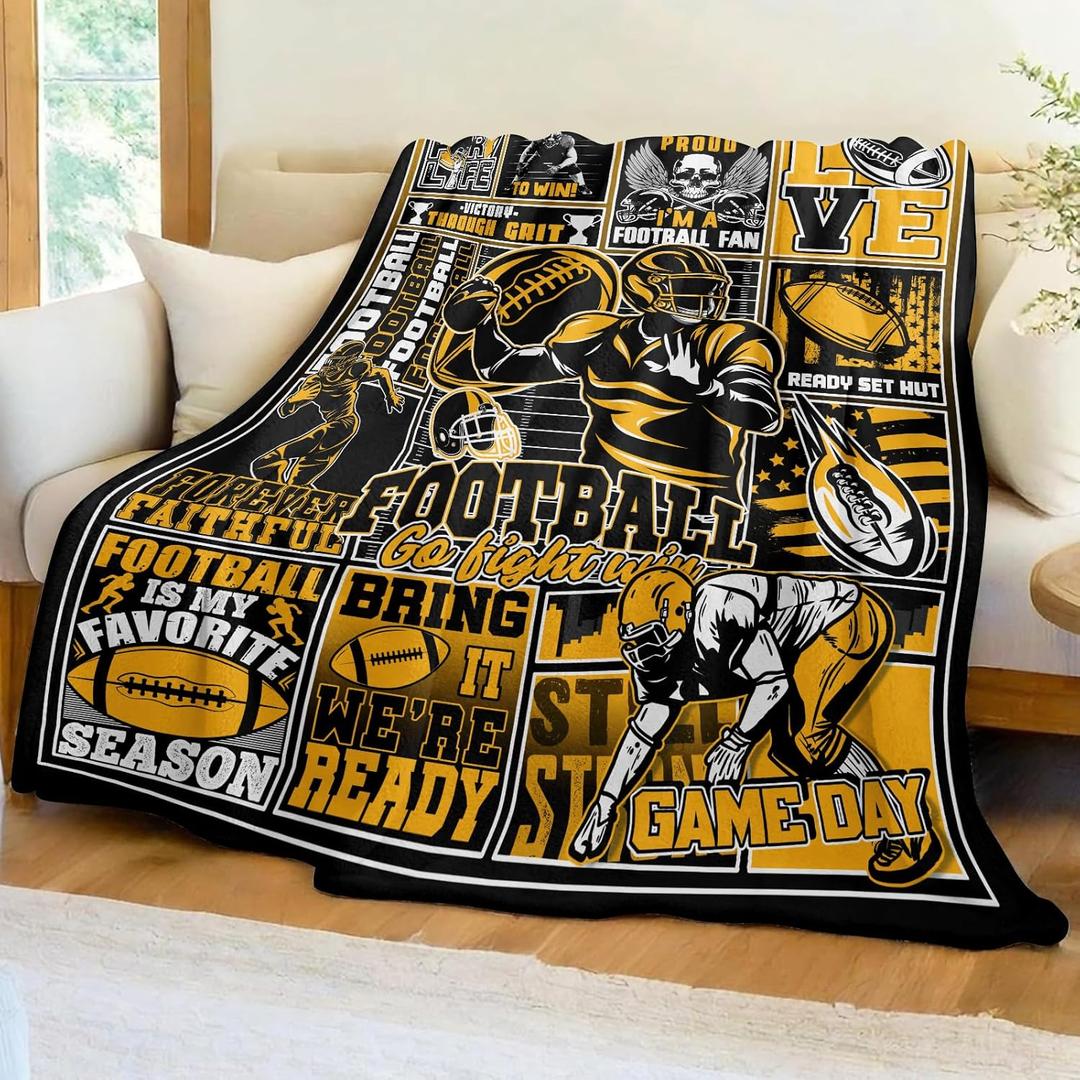 Football Gifts for Men Women, Football Throw Blanket 60" x 50" Sports Fans Merch Gear, Team Color Blanket for Couch Bed (Black Gold Football)
