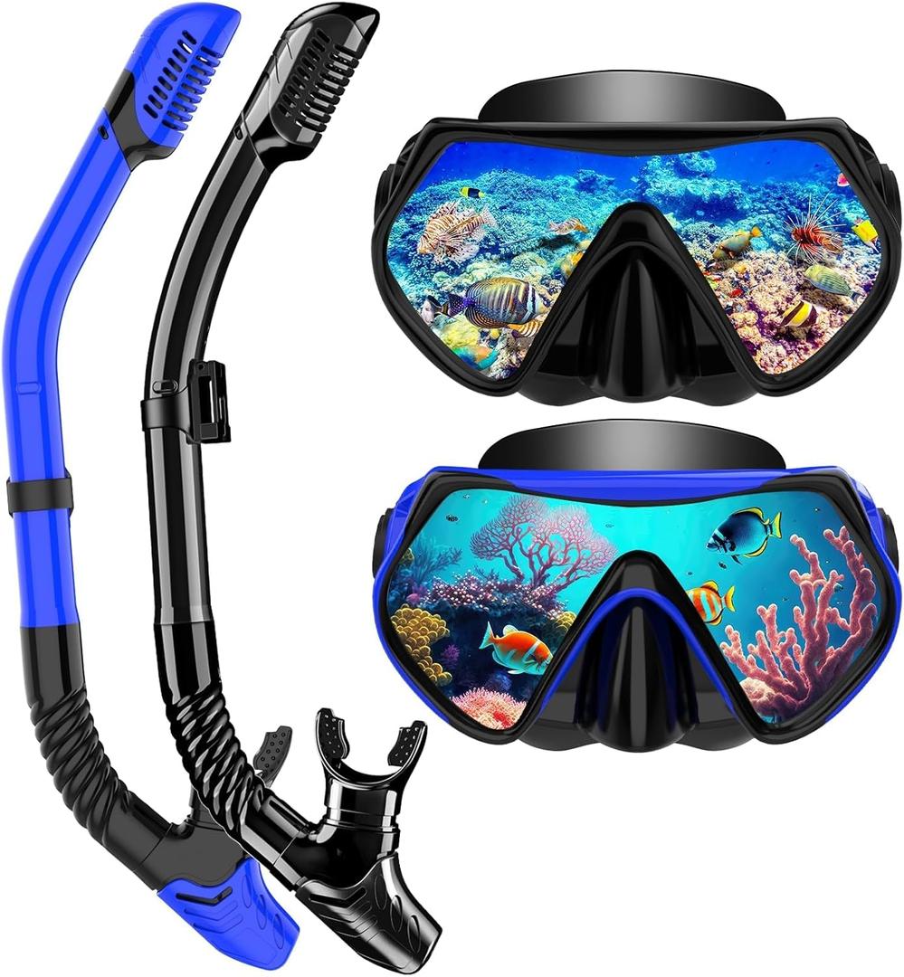 Snorkeling Gear for Adults, Dry-Top Snorkel Set Scuba Diving mask, 180Panoramic Wide View Professional Snorkeling Gear Breathing Freely Snorkel Mask (Blue+Black)