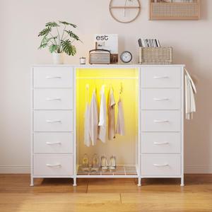 LUMTOK 55" W 2-in-1 Dresser with Hanging Rack, 10 Drawers Dresser for Bedroom, White Drawer Dressers with LED Lights, Charging Station and Hanging Racks for Bedroom