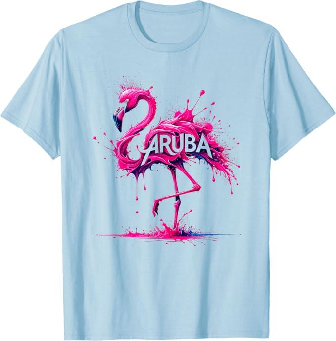 Aruba Paint Splatter Flamingo T-Shirt, Blue, Medium