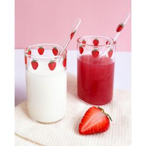 strawberry cups 2 Sets Cute glass strawberry cups 300ML straw glass cups, Cute strawberrys pattern glass bottles for water milk tea, coffee juice tea cups (2pcs)
