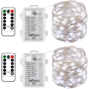 2 x Fairy Lights Battery Operated,Silver Wire Chains 8 Mode 16Ft/5Meter 50 LEDs Timer String Lights with Remote Control for Bedroom Christmas Party Wedding Decoration (Cool White)