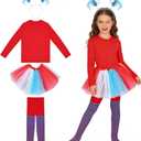 Girls Tulle Tutu Costume Set - Blue/Red Skirt, Red T-Shirt, Stretch Striped Pants & Headband for Birthday Party (125-135cm)