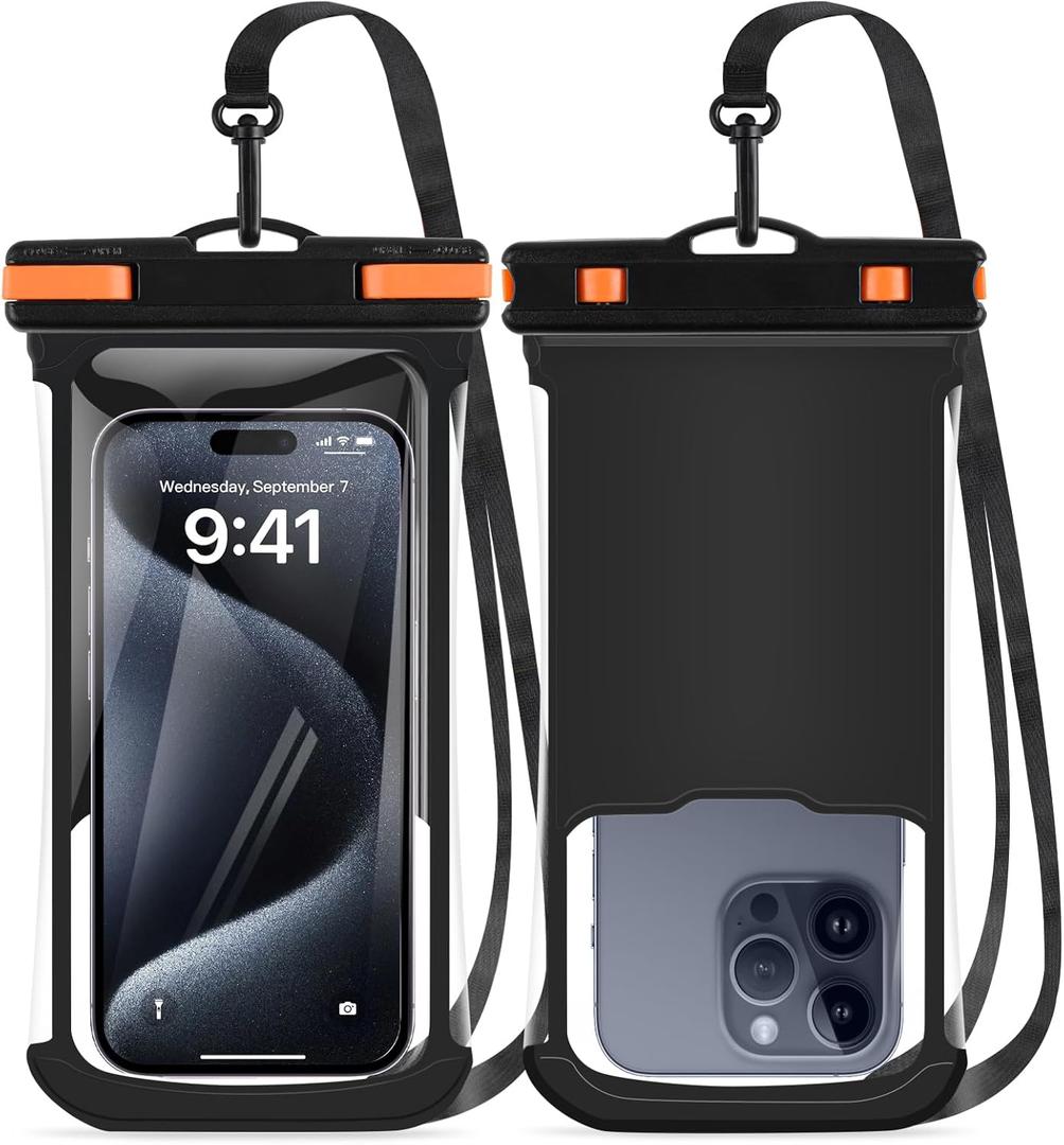 2 PCS Waterproof Phone Pouch, Waterproof Case for iPhone 16 15 14 13 12 Pro Max Plus,Galaxy S25 S24 S23 Pixel Up to 8", Dry Bag Beach Cruise Essentials Black