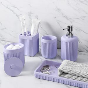 Resin Light Purple Bathroom Accessories Set 5 Pcs, Lotion Soap Dispenser, Toothbrush Holder, Bathroom Tumbler, Qtip Holder and Vanity Tray, Bathroom Countertop Organizer Set for Home Apartment
