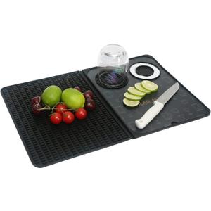 Foldable Bar Mat 18x12 inch - 3-in-1 Silicone Drying Mat with Removable Cutting Board & Rim Tray | Countertop Protector for Home, Outdoor, Travel | Professional Cocktail Accessories (Black)