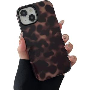 Compatible with iPhone 15 Case Tortoise Shell Phone Case for Women Girl Shockproof TPU and Hard PC Protective Cover - Amber Brown Leopard