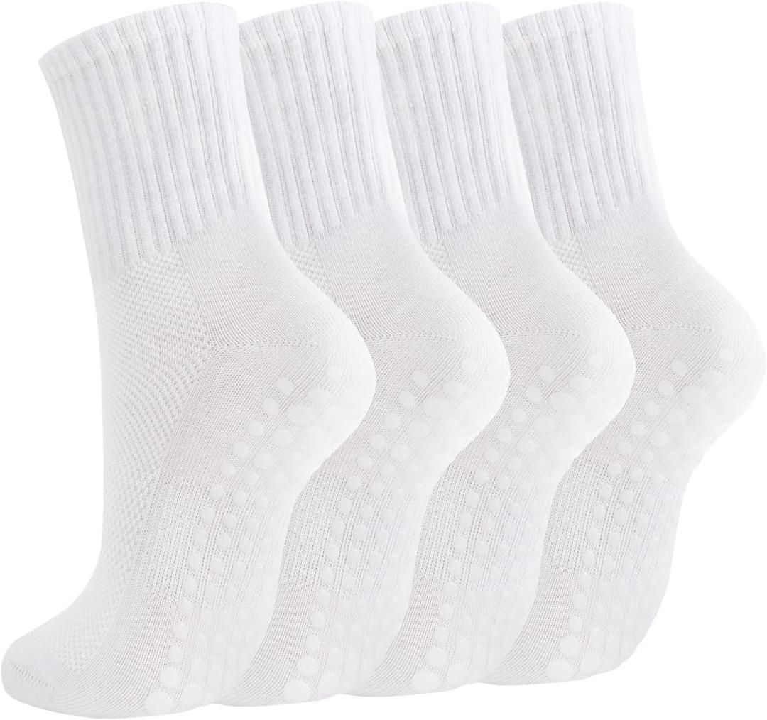 Breslatte Crew Pilates Socks with Grips for Women Non Slip Cotton Grip Socks for Yoga Hospital Barre Home Daily Mesh 4white, One Size