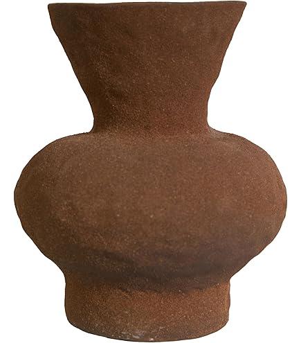 Rustic Brown Ceramic Vase - 5IN Small Round Clay Vase Vintage Farmhouse Style Decor, Circle Wabi Sabi Vases for Farmhouse Home Decor, Decor Living Room, Table, Shelf