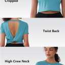 Open Back Workout Tops for Women Crop Yoga Shirts Lightweight Twist Back Athletic Running Gym Tops Blue