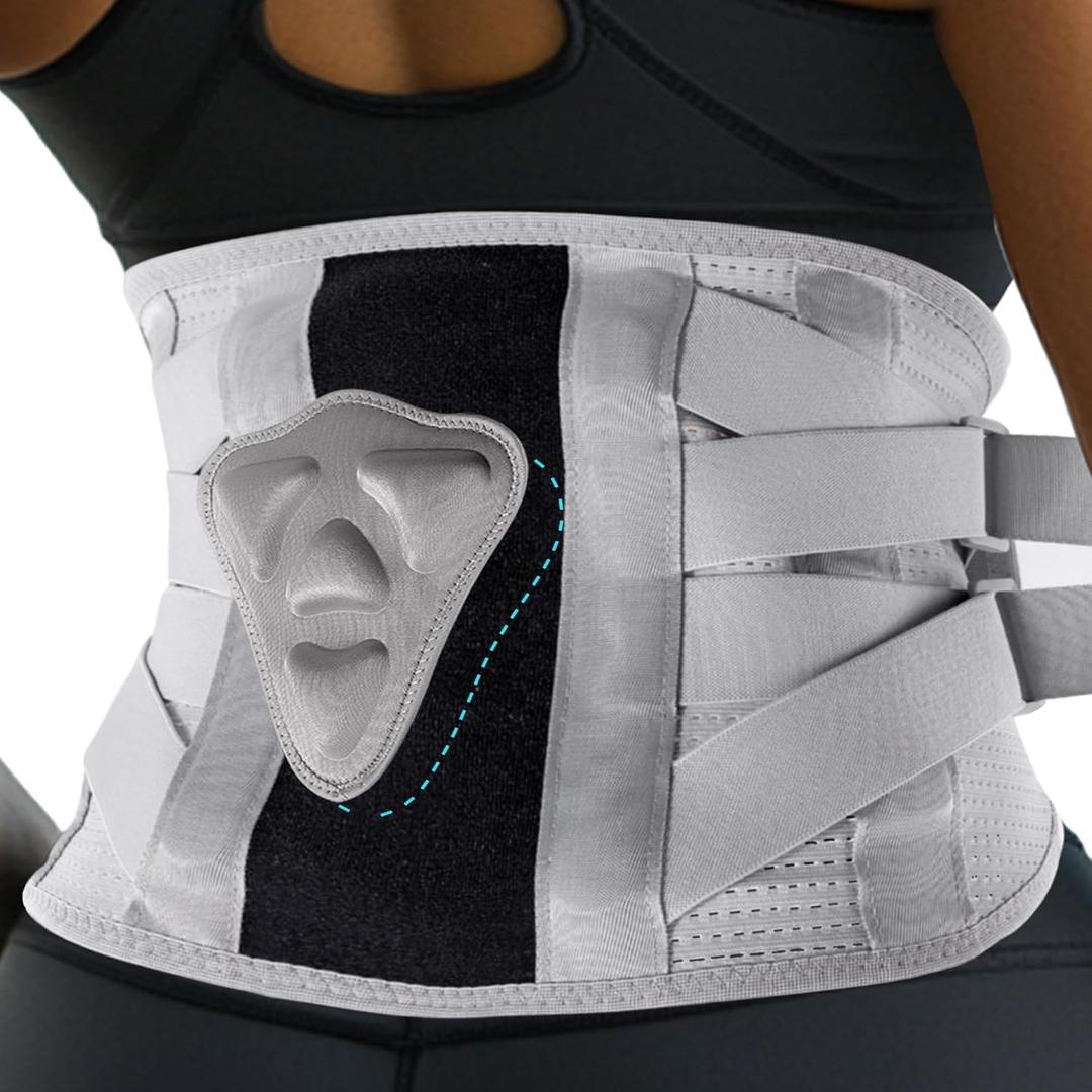 Back Brace for Lower Back Pain Relief, Firm Lumbar Support Belt with 4 Aluminum Stays & 2 Pads for Sciatica & Herniated Disc, Breathable Adjustable Back Support for Men & Women, Size M (Waist 2229") (Gray)