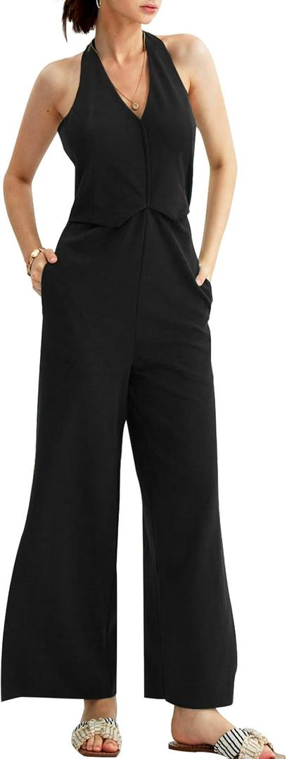 CHERFLY Jumpsuits for Women Dressy Elegant Outfits Summer Halter Overalls 2025 (Jet Black,XL)