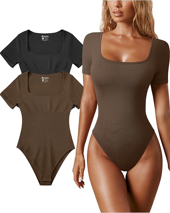 OQQ Women's 3 Piece Bodysuits Sexy Ribbed One Piece Square Neck Short Sleeve Bodysuits (Black Beige)