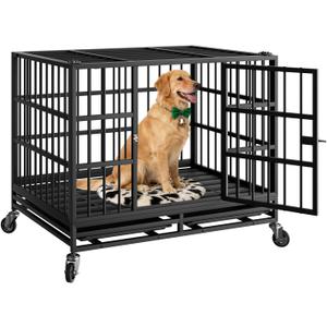 37 Inch Heavy Duty Dog Crate with Wheels,Indestructible Escape-Proof Dog Kennel with Locking Latch and Double Door,Extra Large XL XXL Crate Indoor for Large and Medium Dog with Removable Tray