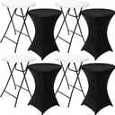 4 Set 32" High Top Cocktail Tables for Parties White Round Folding Bar Height Table with Removable Legs and 32 x 43 Inch Black Spandex Stretch Table Covers