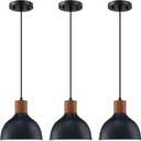 3 Pack 1 Light 8 Vintage Pendant Light Fixtures,Industrial Metal Hanging Light Rubber Wood Black Finish Pendant Lamp for Kitchen Island,Farmhouse Dining Room Over Sink