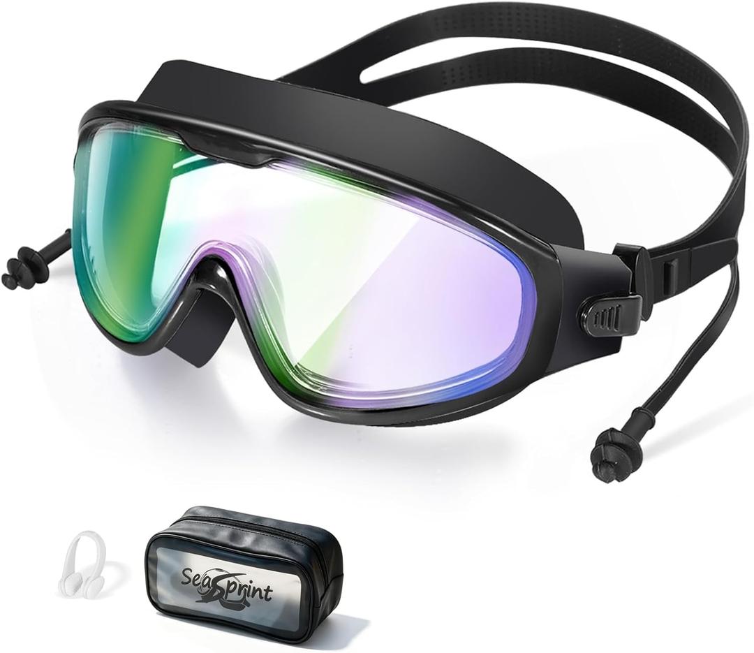 Adult Swimming Goggles,Leak-Proof,Anti-Fog Pool Glasses,Wide View Swim Goggles with Ear Plugs and Nose Clip