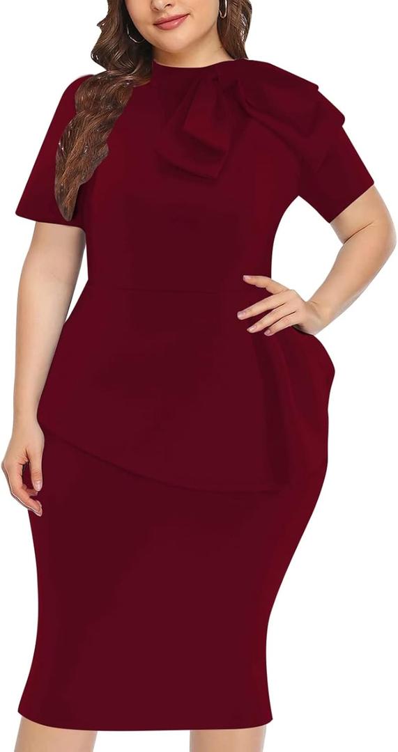 Plus Size Dress for Curvy Women Semi Formal Cocktail Party Midi Dress Bodycon Short Sleeve Bow Ruffle Pencil Dresses (4X-Large Plus, 5427-2 Winered)