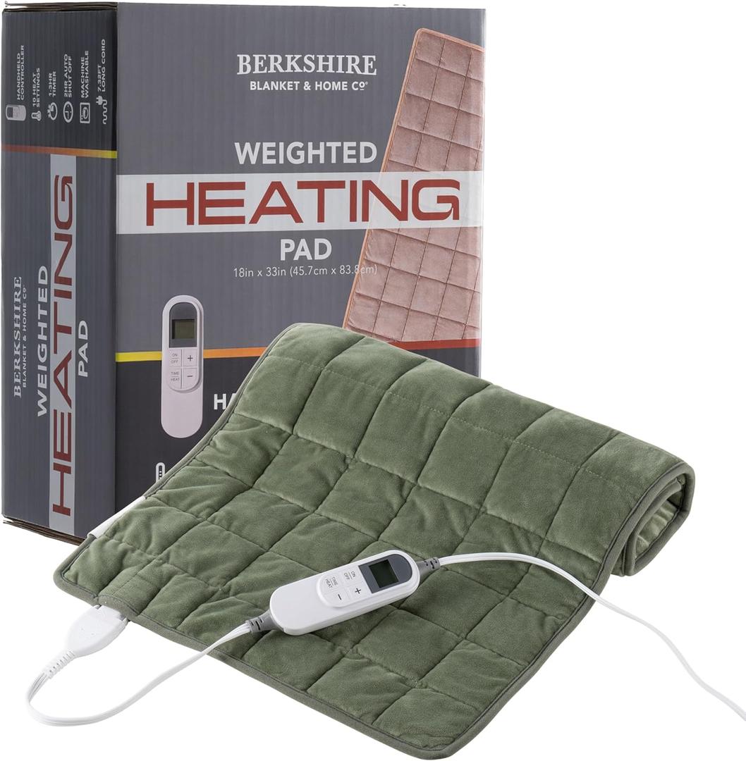 Berkshire Weighted Heating Pad for Pain Relief -18"x33" Electric Heat Wrap with 10 Heat Settings, Auto Shut Off -Targets Back, Neck, Shoulder, Leg, Abdomen Cramps -Machine Washable & Portable (Dark Sage)