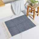 Lahome Boho Bathroom Rugs, Small 2x3 Front Door Mat Lightweight Entryway Rug Woven Cotton Area Rug with Tassels, Farmhouse Non Shedding Washable Blue Throw Rug Low Pile Carpet for Entry Laundry