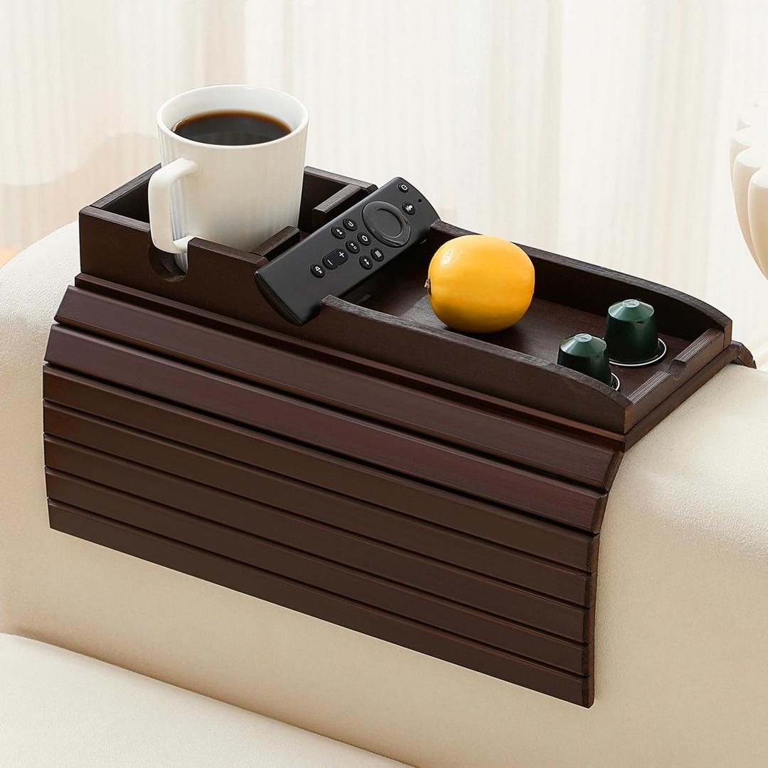 Bamboo Couch Cup Holder Arm Tray TableFoldable Couch Drink Holder Armrest TableSofa Arm Rest TrayFlexible Arm Chair Table Recliners for Drink,Cups, Snacks, Phone, Remote (Mahogany)