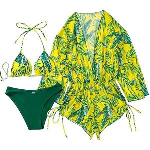 2 Piece Swimsuits for Women Sexy Leaf Print Bikini Set with Tummy Control Mesh Cover Up Tropical Swimsuits XL