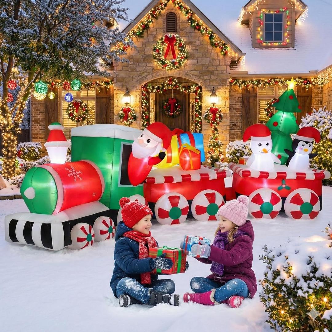 12FT Long Christmas Inflatables Decorations, Outdoor Santa Train Decoration, Giant Blow Up with with Built-in LED Lights for Yard Garden Lawn Holiday Decor