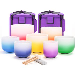 CVNC 432HZ 6-12 Inch Set of 7 PCS Aria Gradient Design Frosted Quartz Crystal Singing Bowls with 2 PCS Carry Case Bag for Sound Healing and Therapy Meditation