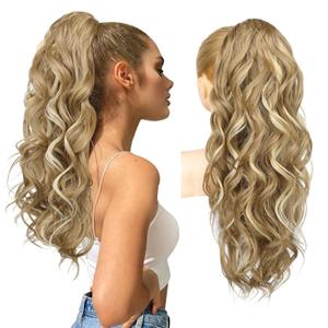 REECHO 24" Ponytail Extension Long Curly Claw Clip Ponytail Extension Jaw Clip in Pony Tails Natural Synthetic Hairpiece for Women Daily, Medium Blonde with Blonde Highlights