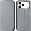 SHIELDON Real Leather Wallet Case for iPhone 17 Pro Max 6.9-inch 5G 2025 | Kickstand | RFID Blocking Card Holder | Magnetic Closure | Folio | Shockproof Protective Phone Cover | Gray