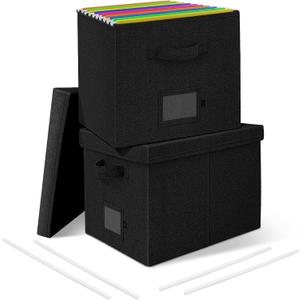 File Organizer Boxes with Lid, Linen Hanging File Storage Boxes with Handle, Collapsible Document Filling Boxes for Letter/Legal Folder, Portable File Box for Office/Decor/Home (2 Pack, Black)