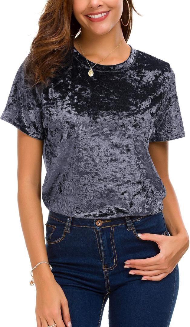 Women's Crew Neck Velvet Top Short Sleeve T-Shirt (X-Large, Purple)