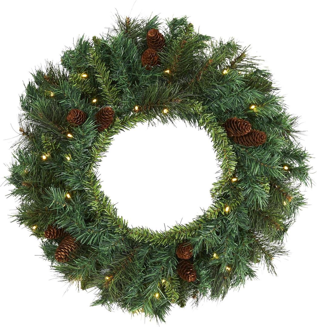 Nearly Natural 20in. Mixed Pine and Pinecone Artificial Christmas Wreath with 35 Clear LED Lights