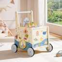 ROBUD Wooden Baby Push Walker, Marine Theme Learning Walking Toys, Adjustable Height Baby Walker with Decelerator, Montessori Toys for Baby Age 10 Months+, WRP23, L14.6 X W15.4 X H19.7 Inches