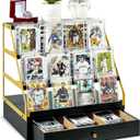 Poyilooo Trading Card Display, 3-Tier Baseball Card Storage with Drawer, Wood Graded Card Display, Sports Card Display Case for Card Game Collection-Trading Card Holder Christmas Gifts (Blackgold)