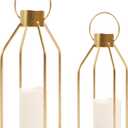 HPC Decor Modern Farmhouse Lantern Decor- Gold Metal Candle Lanterns for Christmas- Lanterns Decorative w/Timer Flickering Candles for Living Room, Home, Indoor, Outdoor, Table,Fireplace Mantle Decor (15inch and 12inchGold)