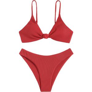 ZAFUL Women's Tie Knot Front Spaghetti Strap High Cut Bikini Set Swimsuit (Medium, 2pc-red)