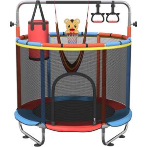 60" Toddler Trampoline for Age 2-4, 5ft Mini Kids Trampoline Indoor with Basketball Ball Adjustable Gymnastics Bar & Toys Swing Enclosure Net for Backyard ASTM Approved