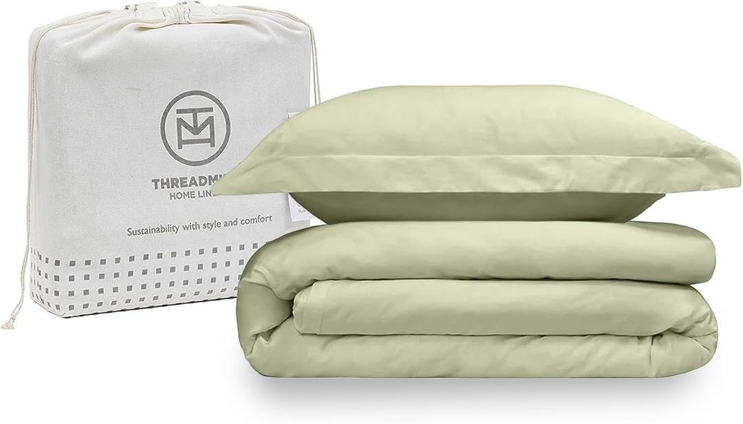 Threadmill Sage Green Duvet Cover Twin Size Bedding Set, Breathable Comforter Cover, Soft 2-Pc 100% Cotton Twin Duvet Cover Set with 1 Pillow Sham, Strong Button Closure & Corner Ties