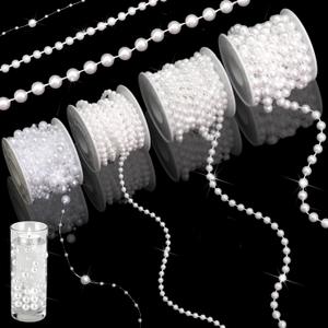 FULZTEY 4 Rolls 76 Feet Pearls Bead String White Artificial Pearl Chain for DIY Crafts,3+8mm,4mm,6mm,8mm Bead String Strand Faux Pearl Ribbons for Christmas Valentine Wedding Party Decoration (Style 02:White)