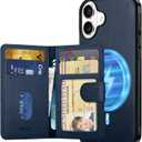 SHIELDON Genuine Leather Case for iPhone 16 Plus + Removable Magnetic RFID Blocking Wallet with 6 Card Holder, Minimalist Wireless Charging Cover Compatible with iPhone 16 Plus 6.7" - Nappa Navy Blue