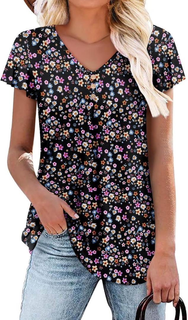 Angerella Women Tunic Tops Dressy Casual Summer Short Sleeve V Neck Shirts Floral Loose Fit Pleated Boho Top S-3XL (Medium)