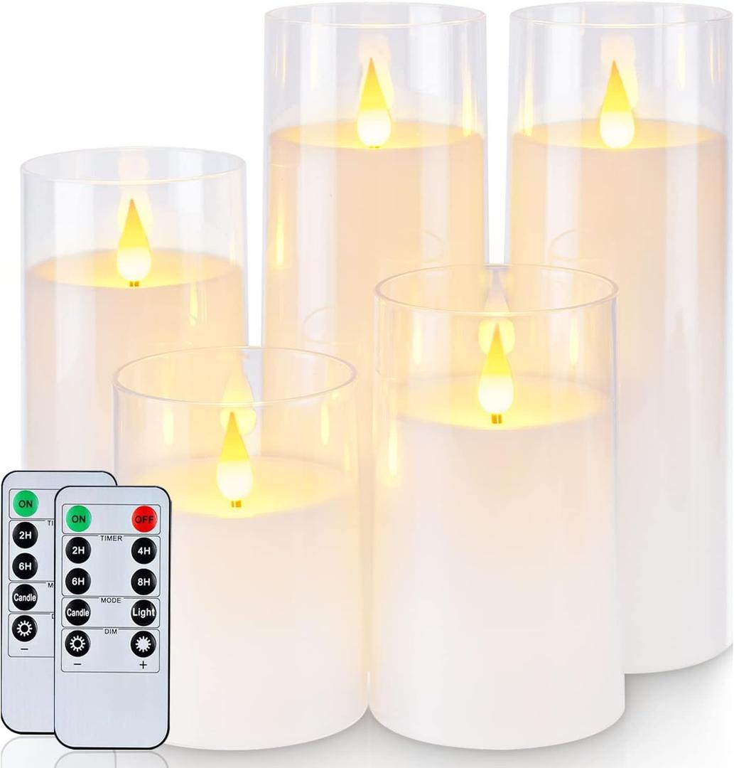 Homemory Pure White Flickering Flameless Candles, Battery Operated Acrylic LED Pillar Candles with Remote Control and Timer, Set of 5