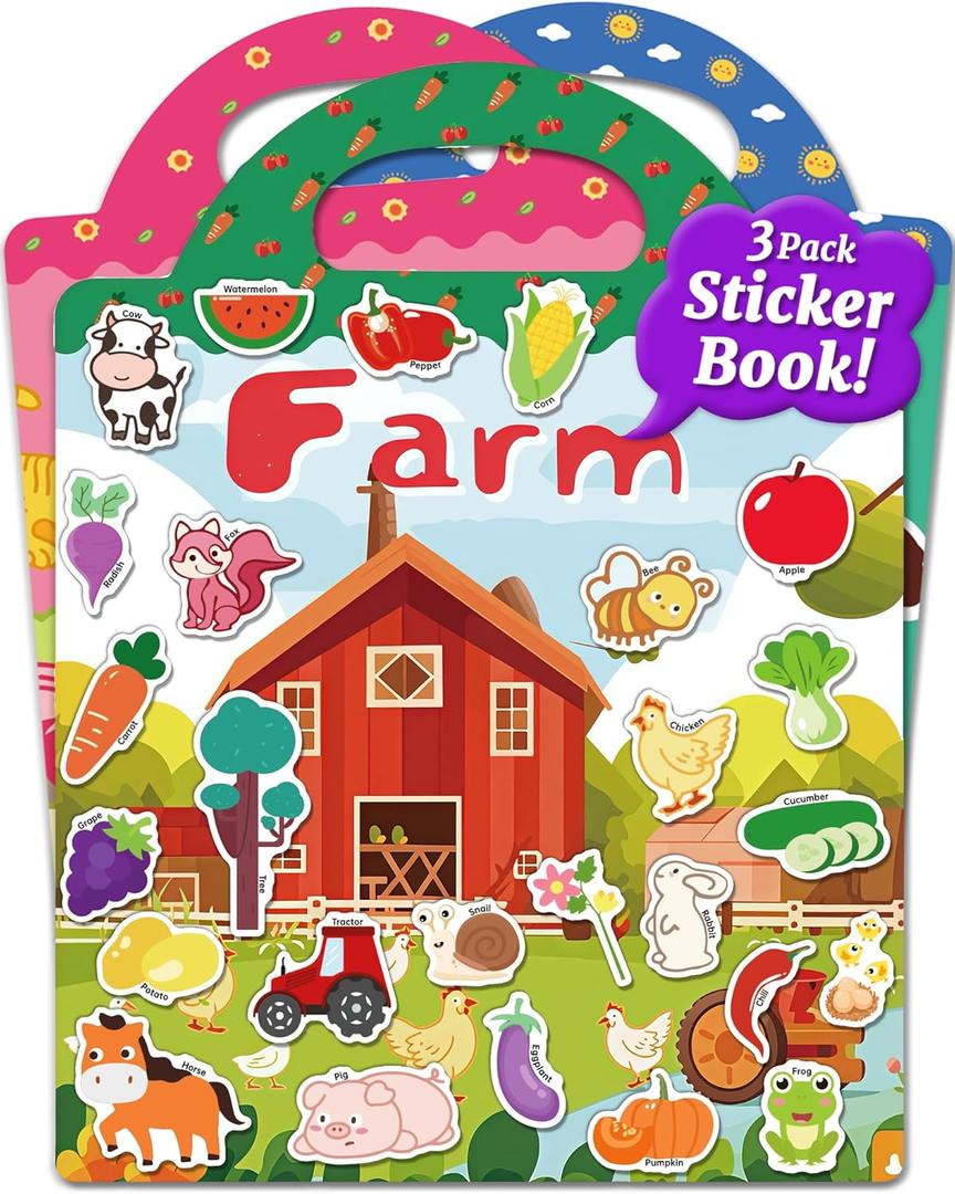 Benresive Reusable Sticker Book for Toddlers, Stickers for Kids, Toddler Travel Toys Activities Crafts Ages 3 and Up Birthday Gifts - Farm, Animal and Season