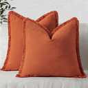 MIULEE Fall Decorative Throw Pillow Covers Neutral Linen Fringe Throw Pillows Set of 2 Burnt Orange Boho Farmhouse Cushion Covers with Tassels for Couch Sofa Bed Living Room Home Decor 18x18 Inch