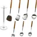 Cooking Utensils Set, 8-Piece 304 Stainless Steel Kitchen Tool Sets with Holder, Wooden Handle Heat Resistant Kitchen Cookware Set, Gadgets Tools Set Gift