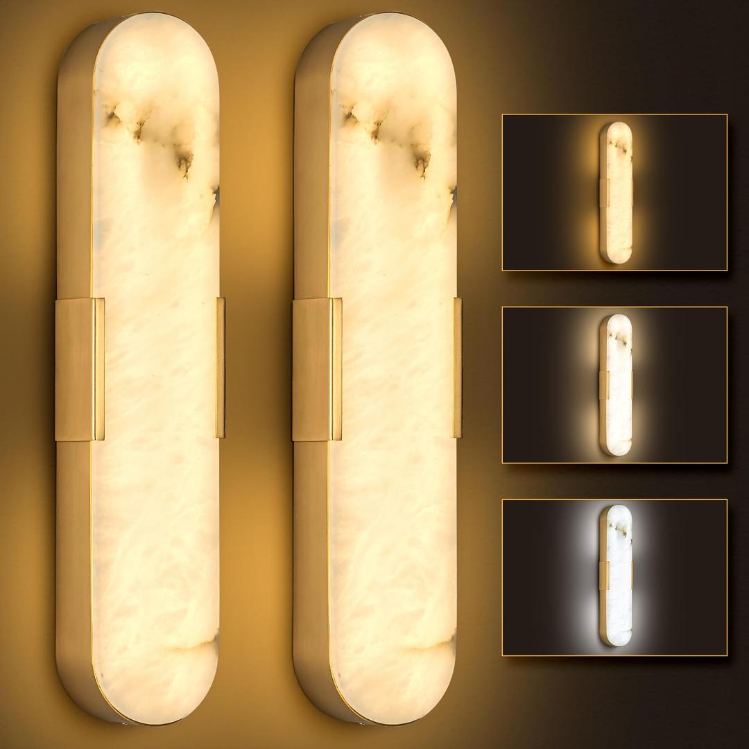 SMINGYINGZ Gold Modern Wall Sconce,20" Alabaster Natural Marble Wall Sconce, Gypsum Indoor LED Wall Light Dimmable Wall Lamps for Living Room, Bedroom, Porch, Dining Room, Stairway