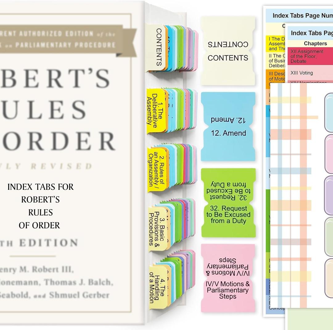 Index Tabs for Robert's Rules of Order Newly Revised, 12th Edition, 90 Color-Coded & Laminated Book Tabs with Alignment Guide (Book Not Included), Repositionable and Long-Lasting