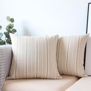 Tan Pillow Covers Farmhouse Linen Throw Pillow Covers Striped Outdoor Decorative Square Throw Pillows for Couch Sofa Bed 18x18 in Pack of 2 Cream and Beige