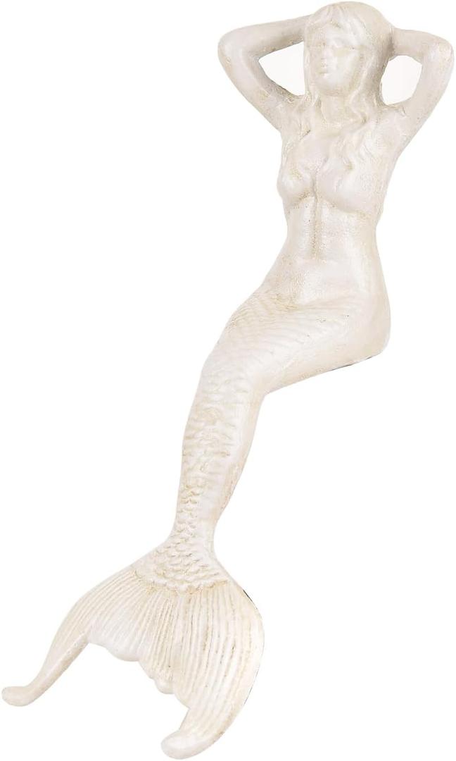 Sungmor 14.3" Tall Large Cast Iron Mermaid Statue, Sitting Mermaid Sculpture Decoration for Pool Pond Birdbath Shelf Desk, Rustic White Garden Figurines for Indoor Outdoor Fish Tank Fountain Rockeries